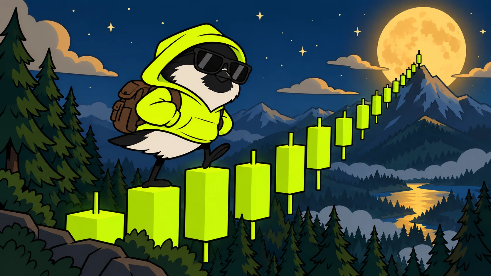 Hooded robin walking up glowing green candlesticks toward the moon