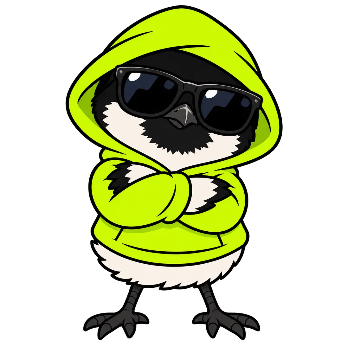 Hooded robin in a lime hoodie standing with arms crossed