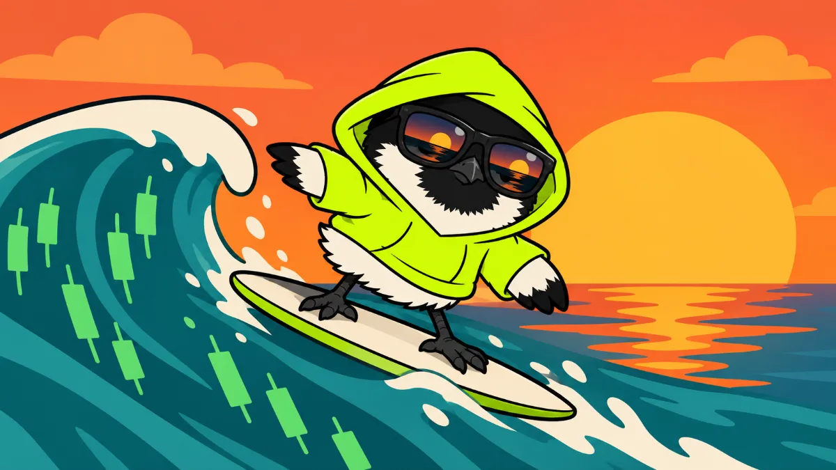 Hooded robin surfing a wave made of green candlesticks at sunset